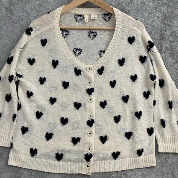 Moth Sweater Womens XS Heart Intarsia Cardigan Alpaca Blend Cream Black Knit - Picture 5 of 10